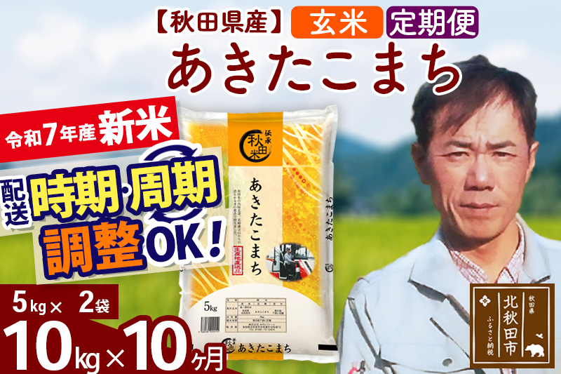 ※令和7年産 新米※《定期便10ヶ月》秋田県産 あきたこまち 10kg【玄米】(5kg小分け袋) 2025年産 お届け時期選べる お届け周期調整可能 隔月に調整OK お米 みそらファーム