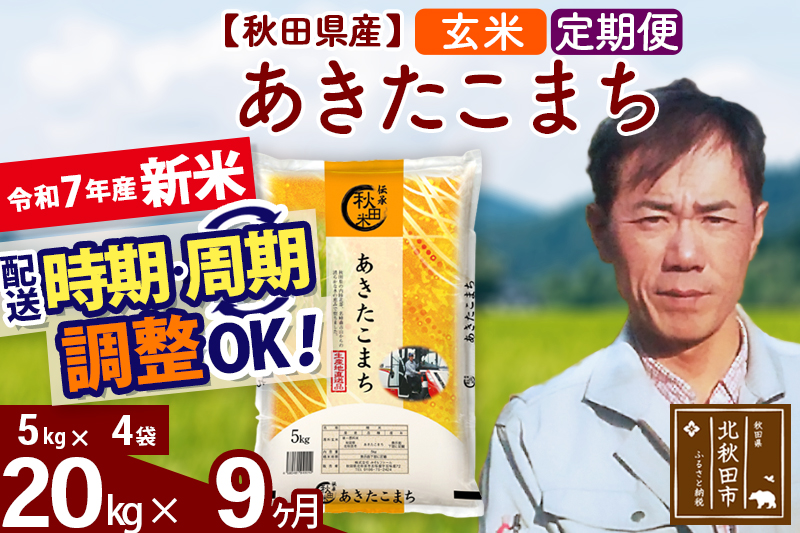 ※令和7年産 新米※《定期便9ヶ月》秋田県産 あきたこまち 20kg【玄米】(5kg小分け袋) 2025年産 お届け時期選べる お届け周期調整可能 隔月に調整OK お米 みそらファーム