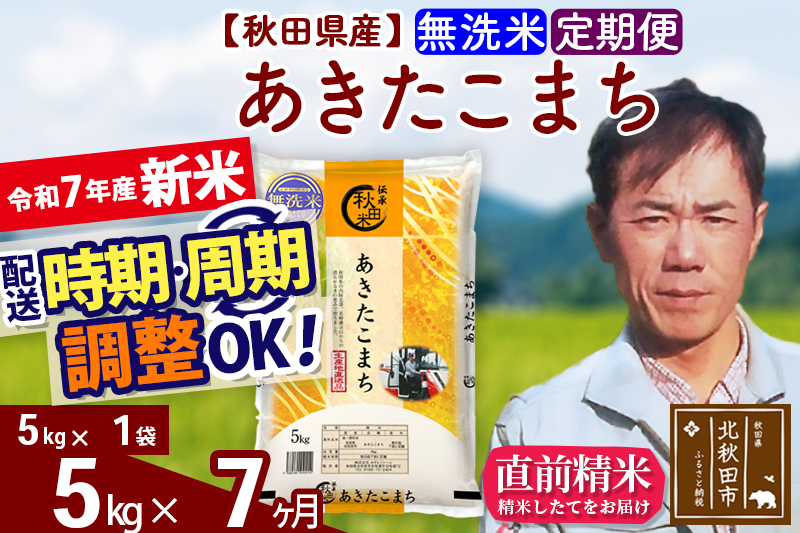 ※令和7年産 新米※《定期便7ヶ月》秋田県産 あきたこまち 5kg【無洗米】(5kg小分け袋) 2025年産 お届け時期選べる お届け周期調整可能 隔月に調整OK お米 みそらファーム