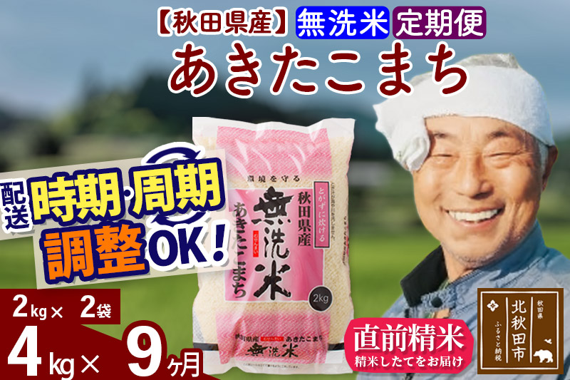 定期便9ヶ月》秋田県産 あきたこまち 4kg【無洗米】(2kg小分け袋) 令和