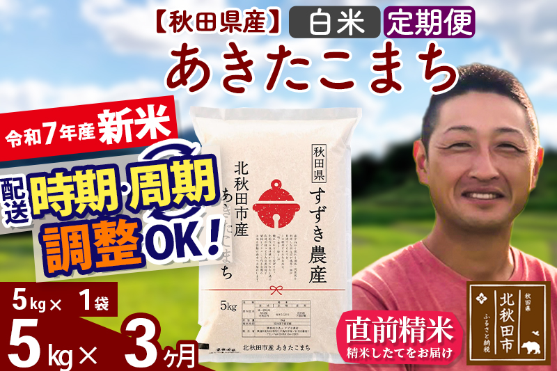 ※令和7年産 新米※《定期便3ヶ月》秋田県産 あきたこまち 5kg【白米】(5kg小分け袋) 2025年産 お届け時期選べる お届け周期調整可能 隔月に調整OK お米 すずき農産