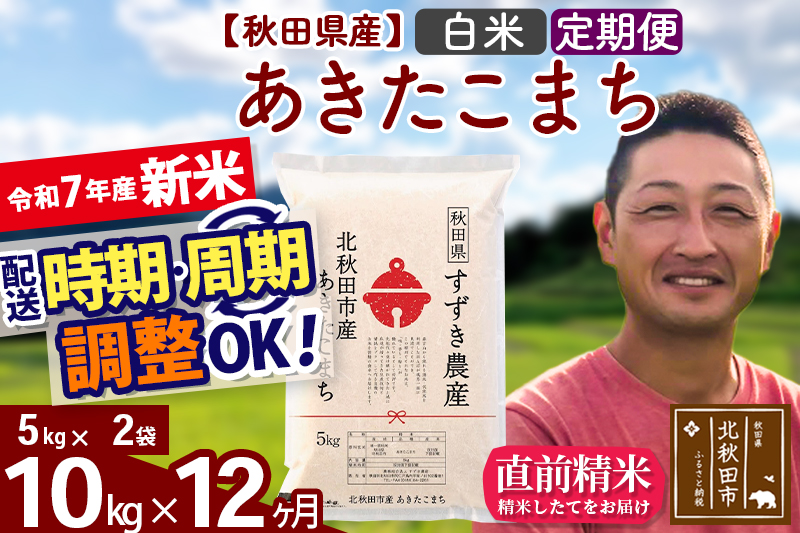 ※令和7年産 新米※《定期便12ヶ月》秋田県産 あきたこまち 10kg【白米】(5kg小分け袋) 2025年産 お届け時期選べる お届け周期調整可能 隔月に調整OK お米 すずき農産