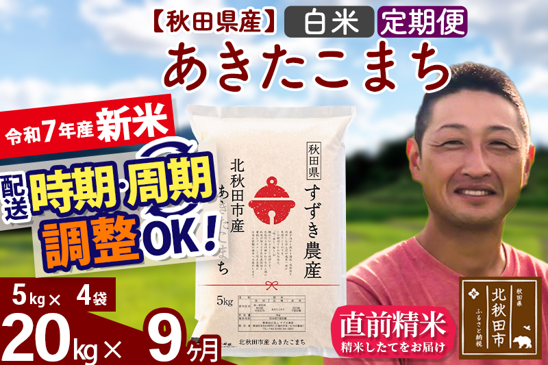 ※令和7年産 新米※《定期便9ヶ月》秋田県産 あきたこまち 20kg【白米】(5kg小分け袋) 2025年産 お届け時期選べる お届け周期調整可能 隔月に調整OK お米 すずき農産