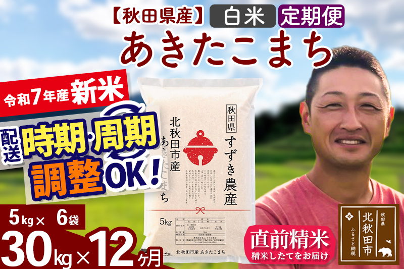 ※令和7年産 新米※《定期便12ヶ月》秋田県産 あきたこまち 30kg【白米】(5kg小分け袋) 2025年産 お届け時期選べる お届け周期調整可能 隔月に調整OK お米 すずき農産