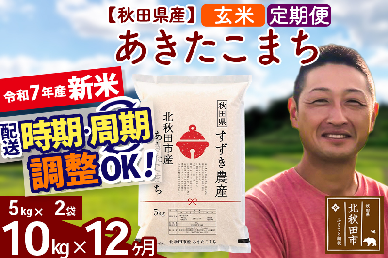 ※令和7年産 新米※《定期便12ヶ月》秋田県産 あきたこまち 10kg【玄米】(5kg小分け袋) 2025年産 お届け時期選べる お届け周期調整可能 隔月に調整OK お米 すずき農産