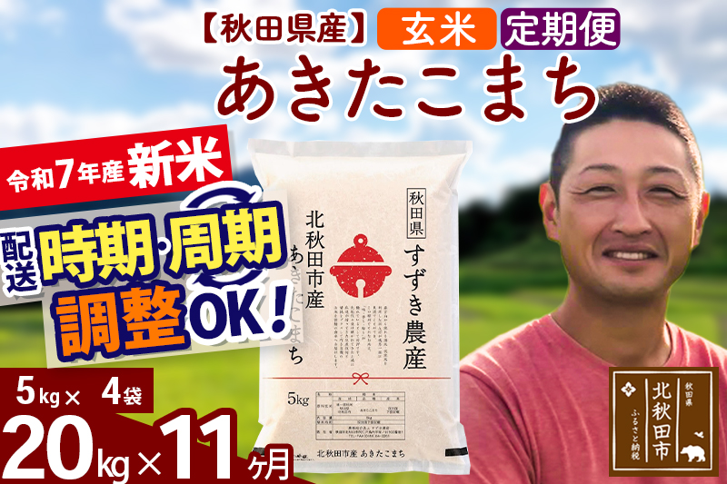 ※令和7年産 新米※《定期便11ヶ月》秋田県産 あきたこまち 20kg【玄米】(5kg小分け袋) 2025年産 お届け時期選べる お届け周期調整可能 隔月に調整OK お米 すずき農産