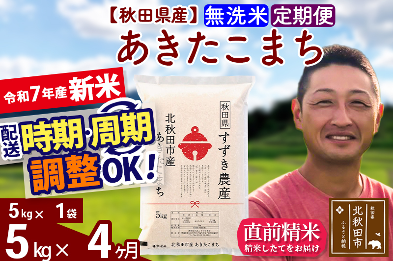 ※令和7年産 新米※《定期便4ヶ月》秋田県産 あきたこまち 5kg【無洗米】(5kg小分け袋) 2025年産 お届け時期選べる お届け周期調整可能 隔月に調整OK お米 すずき農産