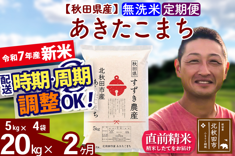 ※令和7年産 新米※《定期便2ヶ月》秋田県産 あきたこまち 20kg【無洗米】(5kg小分け袋) 2025年産 お届け時期選べる お届け周期調整可能 隔月に調整OK お米 すずき農産