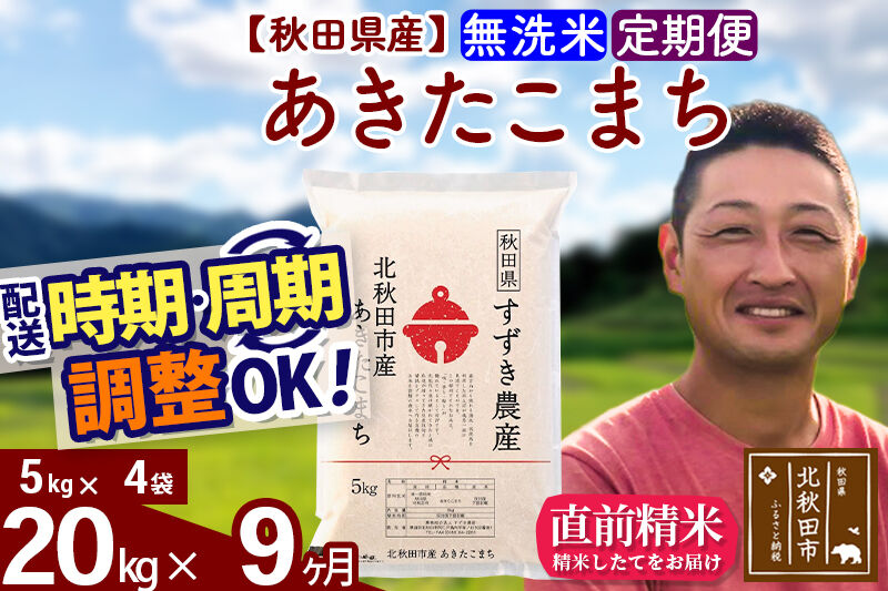 ※令和7年産※《定期便9ヶ月》秋田県産 あきたこまち 20kg【無洗米】(5kg小分け袋) 2025年産 お届け時期選べる お届け周期調整可能 隔月に調整OK お米 すずき農産