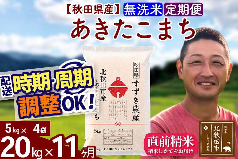 ※令和7年産※《定期便11ヶ月》秋田県産 あきたこまち 20kg【無洗米】(5kg小分け袋) 2025年産 お届け時期選べる お届け周期調整可能 隔月に調整OK お米 すずき農産