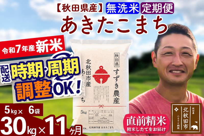 ※令和7年産 新米※《定期便11ヶ月》秋田県産 あきたこまち 30kg【無洗米】(5kg小分け袋) 2025年産 お届け時期選べる お届け周期調整可能 隔月に調整OK お米 すずき農産