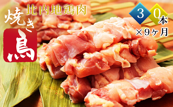 秋田県産比内地鶏肉 焼き鳥の定期便(30本×9ヶ月)(焼鳥 9ヶ月 もも肉 むね肉)