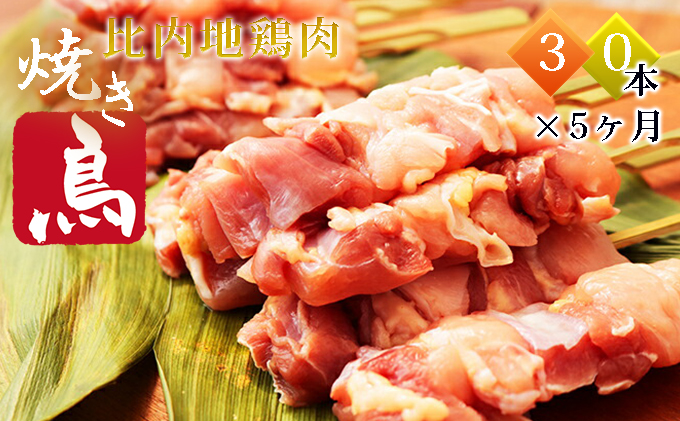 秋田県産比内地鶏肉 焼き鳥の定期便（30本×5ヵ月）（焼鳥 5ヶ月 もも肉 むね肉）