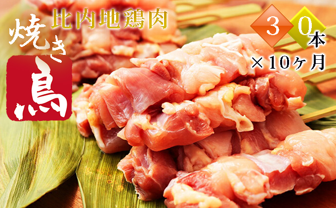 秋田県産比内地鶏肉 焼き鳥の定期便（30本×10ヵ月）（焼鳥 10ヶ月 もも肉 むね肉）
