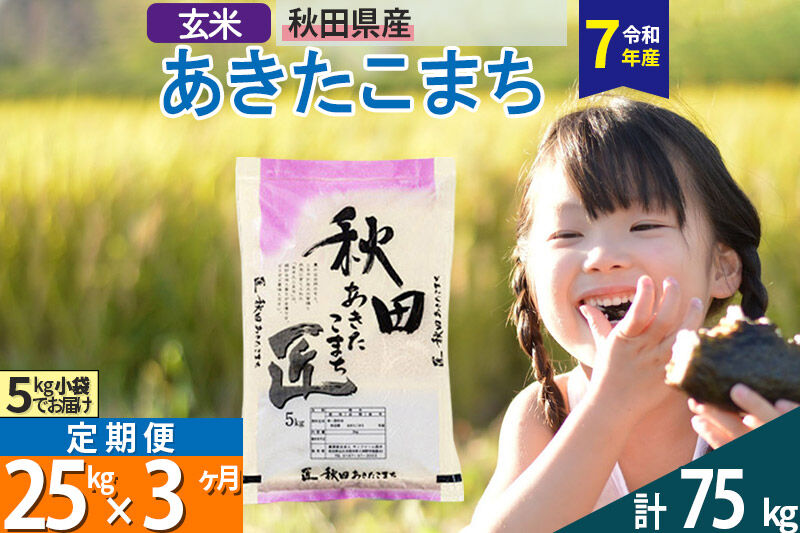 【玄米】＜令和7年産＞ 《定期便3ヶ月》秋田県産 あきたこまち 25kg (5kg×5袋)×3回 25キロ お米 匠