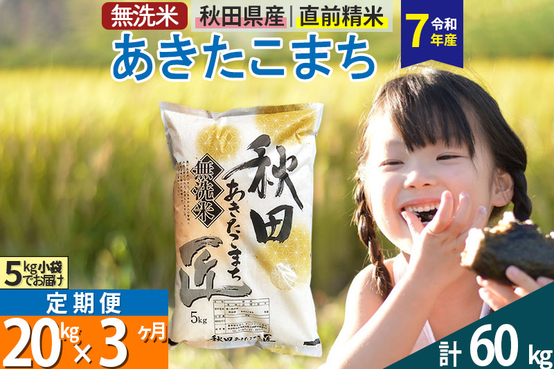 【無洗米】＜令和7年産＞《定期便3ヶ月》秋田県産 あきたこまち 匠 20kg (5kg×4袋) ×3回 20キロ お米