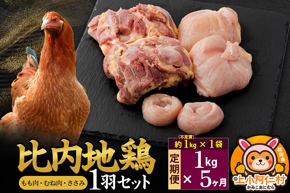 【定期便5ヶ月】比内地鶏 1羽セット(もも・むね・ささみ) 約1kg(不定貫約1kg×1袋) 1キロ 国産 冷凍 正肉 鶏肉 鳥肉