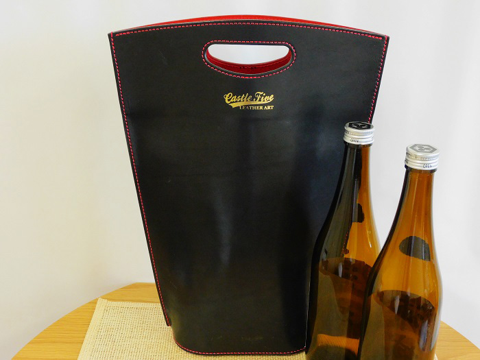 【日本酒2本つき】牛革使用 ワインキャリーバック720ml 2本用（黒）