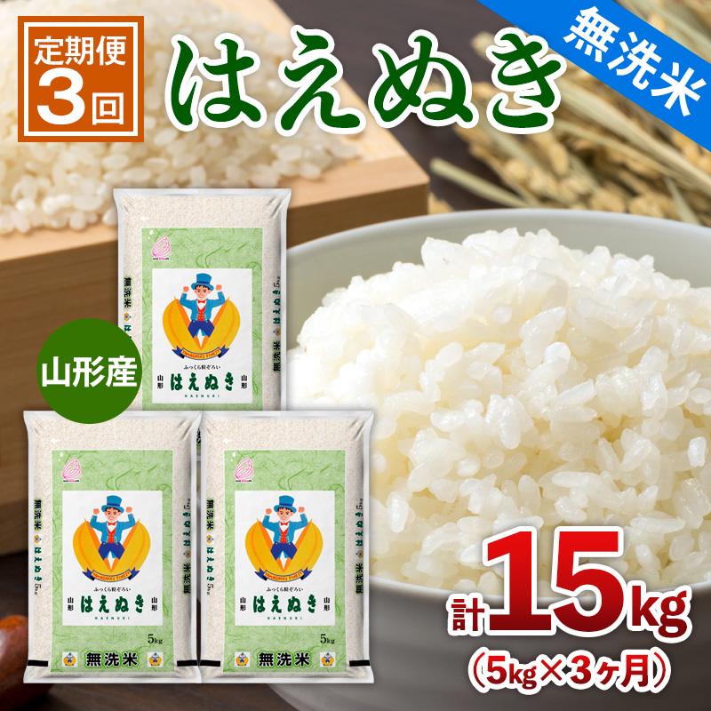 【定期便3回】山形産 【無洗米】 はえぬき 5kg×3ヶ月(計15kg) 