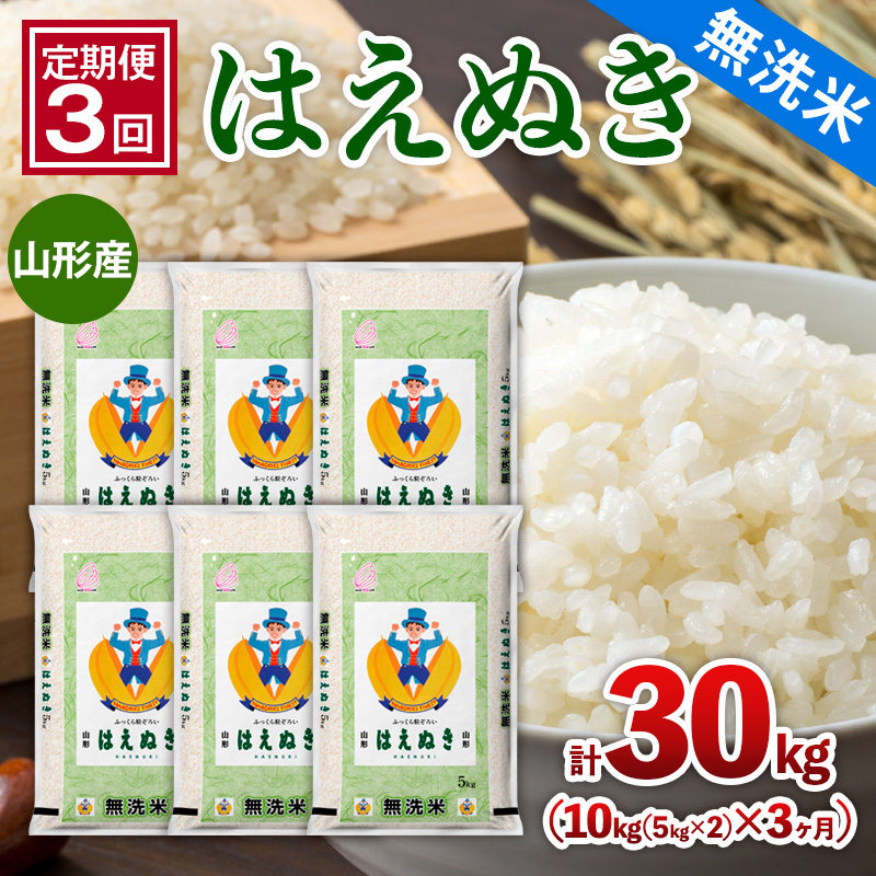 【定期便3回】山形産 【無洗米】 はえぬき 10kg(5kg×2)x3ヶ月(