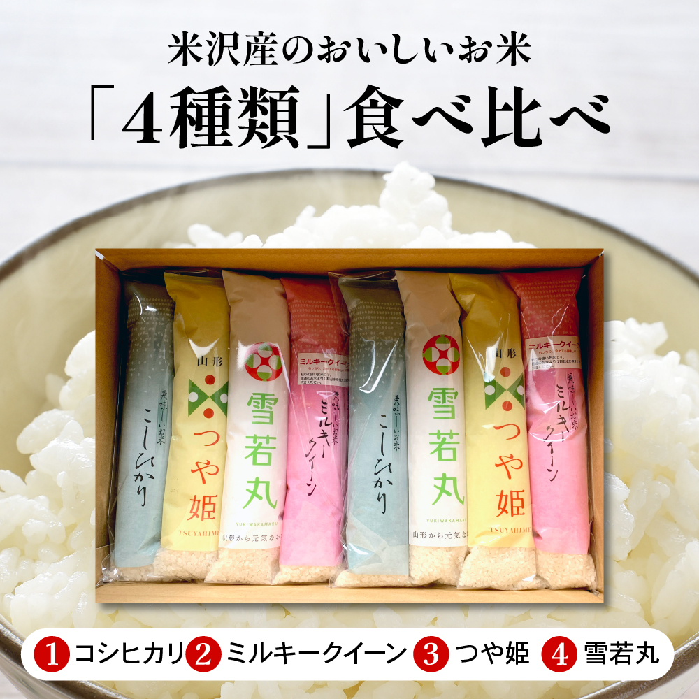 【 令和7年産 】 米沢米 4品種 2合詰め合わせセット 計4.8kg ( 300g×16袋 ) 〔2025年10月中下旬頃～順次お届け〕食べ比べ 特別栽培米 雪若丸 つや姫 ミルキークイーン コシヒカリ 2025年産 産地直送 農家直送 ブランド米