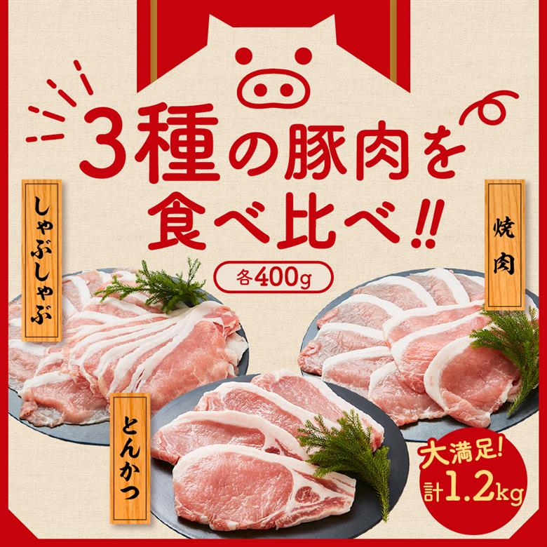 天元豚 よくばり詰合せセット 計1.2kg しゃぶしゃぶ 焼肉 とんかつ 豚肉
