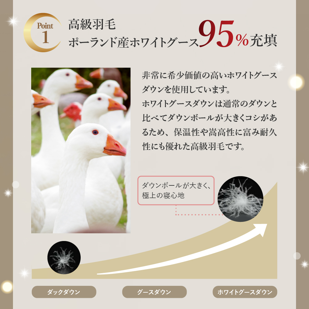 シルク100％生地使用 ポーランド産ホワイトグースダウン95％ 最高級羽毛掛け布団 440dp ダブル オフホワイト
