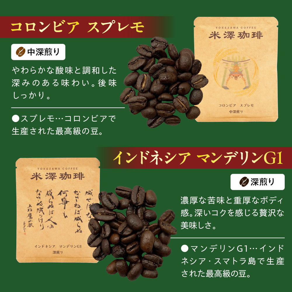 ドリップコーヒー 米澤珈琲 中深・深煎りの味わい 4撰 ブラジル コロンビア マンデリン グアテマラ 各1袋 （10g） 計4袋