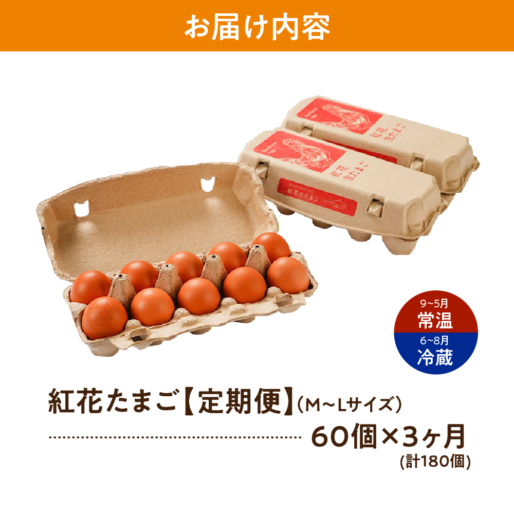 【3ヶ月定期便】 紅花たまご60個セット 10個×6パック/月