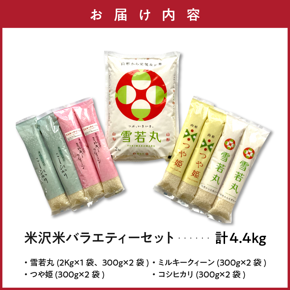 【 令和7年産  】 米沢米の バラエティーセット 計4.4kg ( 2kg×1袋 300g×8袋 ) 〔2025年10月中下旬頃～順次お届け〕雪若丸 つや姫 ミルキークイーン コシヒカリ 2025年産 産地直送 農家直送 ブランド米
