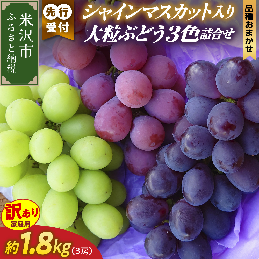 【先行予約】【数量限定】【令和8年産】家庭用 訳あり シャインマスカット入り 3色 大粒ぶどう 詰合せ 3種類 1.8kg 3房 2026年9月15日～9月30日頃お届け予定