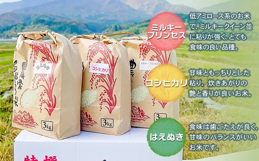 【令和7年産先行予約】 ミルキープリンセス＆コシヒカリ＆はえぬき 三種食べ比べセット 各3kg 合計9kg　伊藤農園