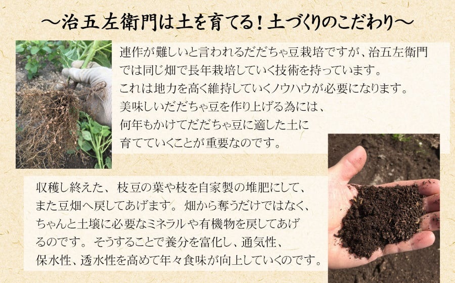 【令和8年産先行予約】 山形セレクション認定！15代目「治五左衛門」の新鮮だだちゃ豆 (白山だだちゃ豆) 1.35kg(450g×3袋)　 8月中旬～9月上旬