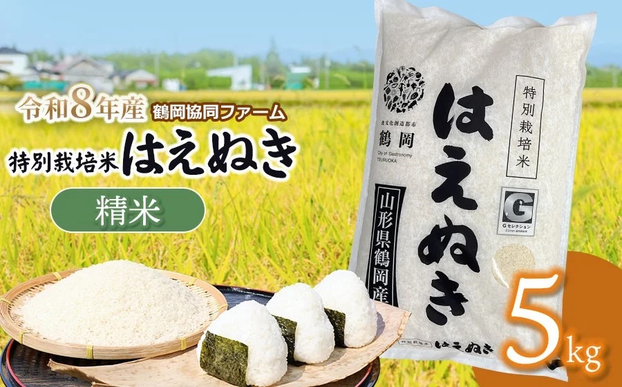 【令和8年産先行予約】特別栽培米はえぬき　精米5kg　(5kg×1袋)　山形県鶴岡産　鶴岡協同ファーム