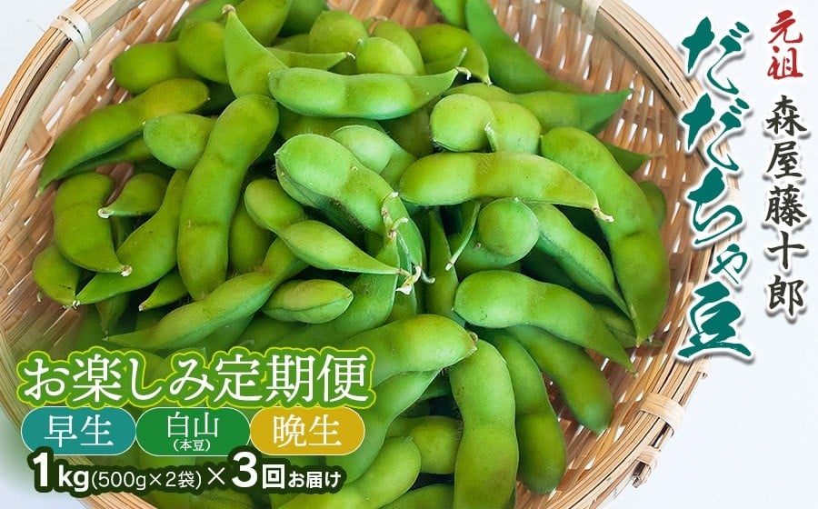 【令和8年産先行予約】”元祖”森屋藤十郎の白山産だだちゃ豆 お楽しみ定期便3回「早生・白山(本豆)・晩生」各1kg（500g×2袋） 鶴岡特産　K-831