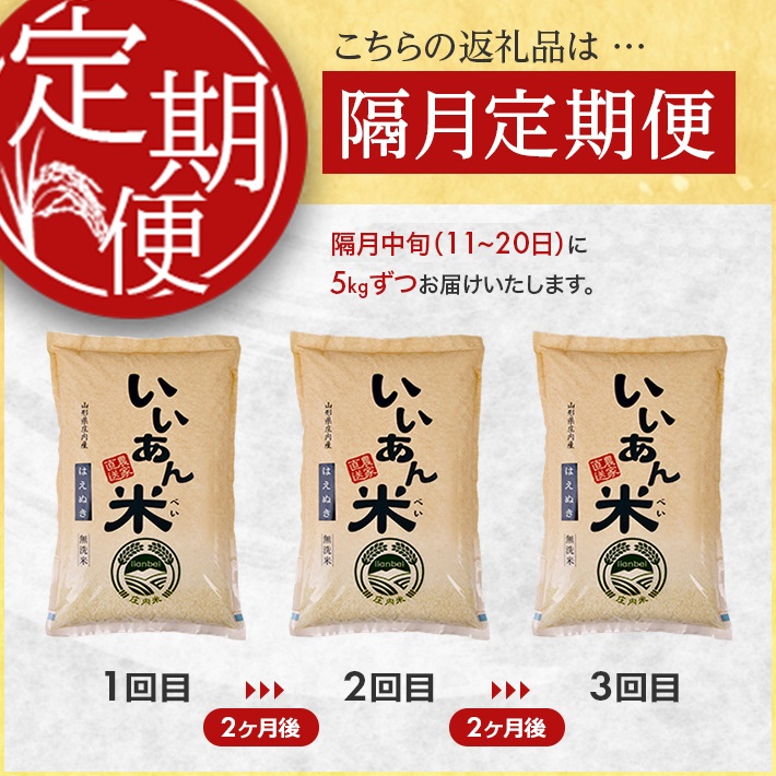 SF0333　【隔月3回定期便】無洗米はえぬき　5kg×3回(計15kg)　農家直送『いいあん米』AG