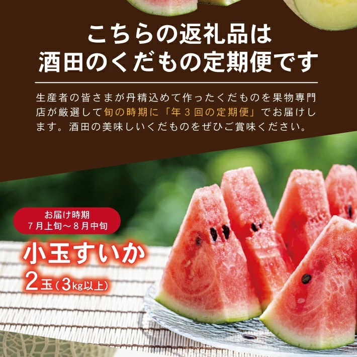 SE0471　【3回定期便】酒田の果物専門店厳選　くだもの定期便2026(小玉すいか、アールスメロン、庄内柿)