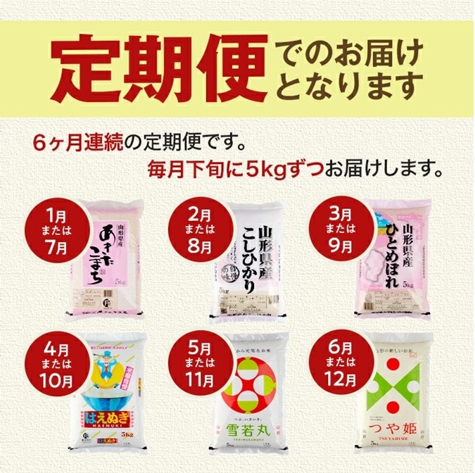SN0018　【6回定期便】［精米］庄内米味比べ　5kg×6回(計30kg)　あきたこまち、コシヒカリ、ひとめぼれ、はえぬき、雪若丸、つや姫 TO