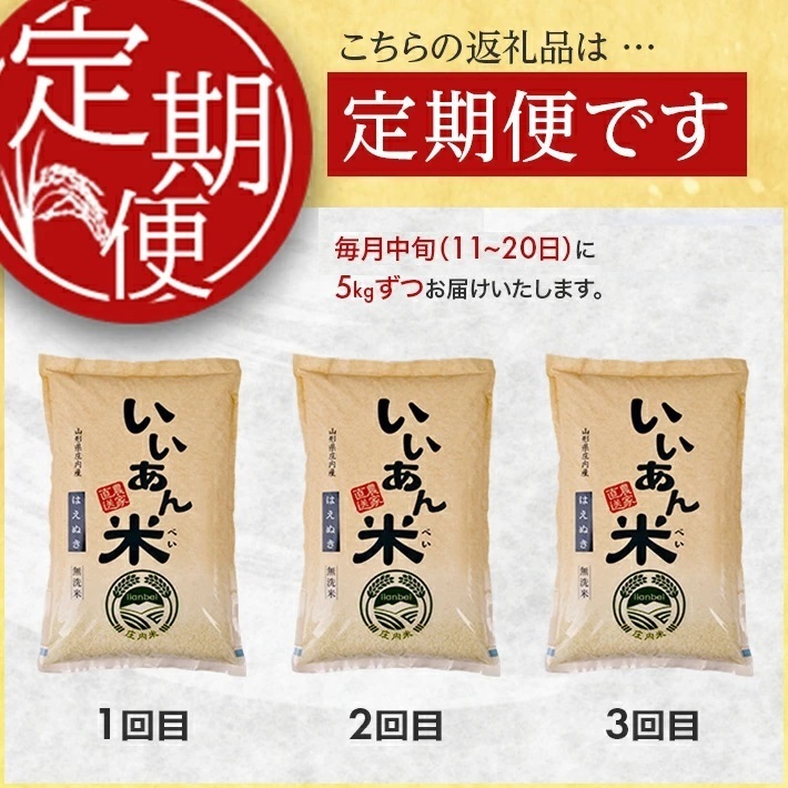 SF0334　【3回定期便】無洗米はえぬき　5kg×3回(計15kg)　農家直送『いいあん米』AG