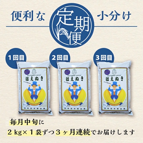 SC0620　【3回定期便】無洗米 はえぬき　2kg×3回(計6kg) SA