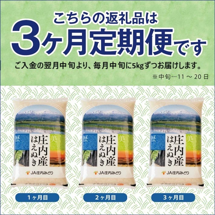 SE0522　≪3ヶ月定期便≫ はえぬき 5kg×3ヶ月 計15kg 山形県庄内産 毎月中旬にお届け 東北 山形県 酒田市 庄内地方 米 精米 白米 お米 ごはん ご飯 庄内米 農協 JA 定期便 産地直送 JA庄内みどり