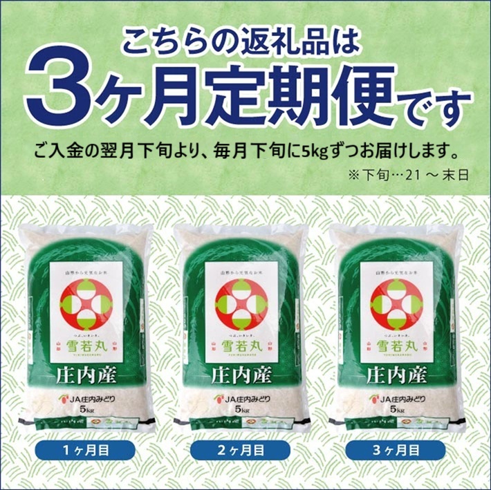 SE0524　≪3ヶ月定期便≫ 雪若丸 5kg×3ヶ月 計15kg 山形県庄内産 毎月下旬頃にお届け 東北 酒田市 庄内地方 庄内平野 お米 精米 白米 ブランド米 庄内米 ごはん ご飯 農協 JA 産地直送 JA庄内みどり