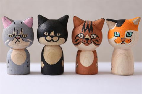 SE0224　ねこけし4種セット（シロクロネコ、キジトラ、三毛猫、エキゾチックショートヘア）各1個