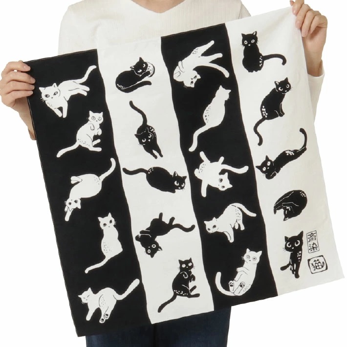SB0783　【斎染オリジナル】猫柄染物 3点セット （あずま袋・手ぬぐい・ミニ風呂敷 ）