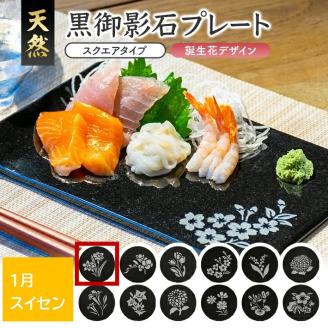 SE0256　天然黒御影石 スクエアプレート　1枚　【誕生花彫刻（1月スイセン）】