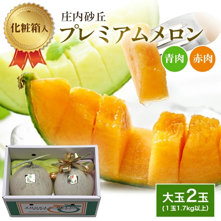 SA2812　庄内砂丘プレミアムメロン(青肉・赤肉) 各1玉 1.7kg以上　計2玉