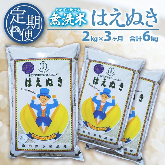 SC0620　【3回定期便】無洗米 はえぬき　2kg×3回(計6kg) SA