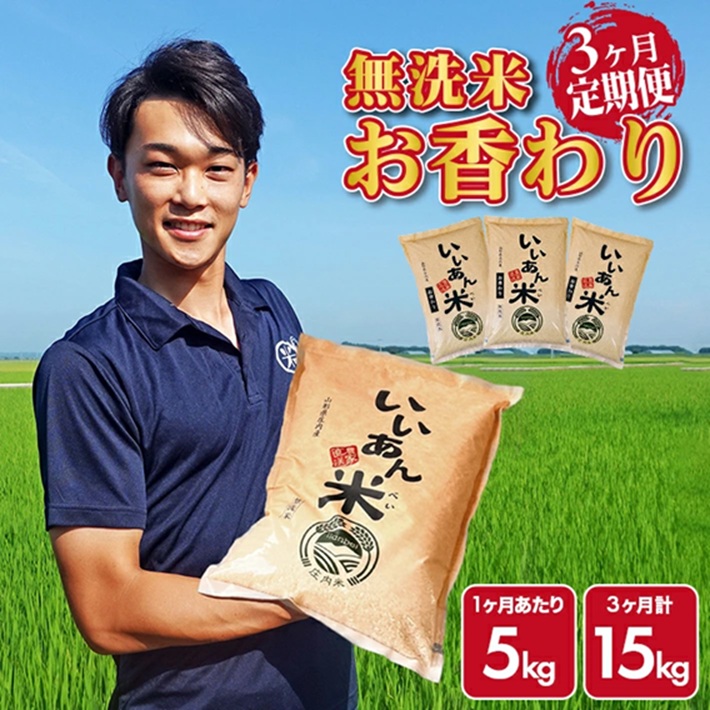 SF0329　【3回定期便】無洗米 お香わり（山形95号）　5kg×3回(計15kg)　農家直送『いいあん米』 AG