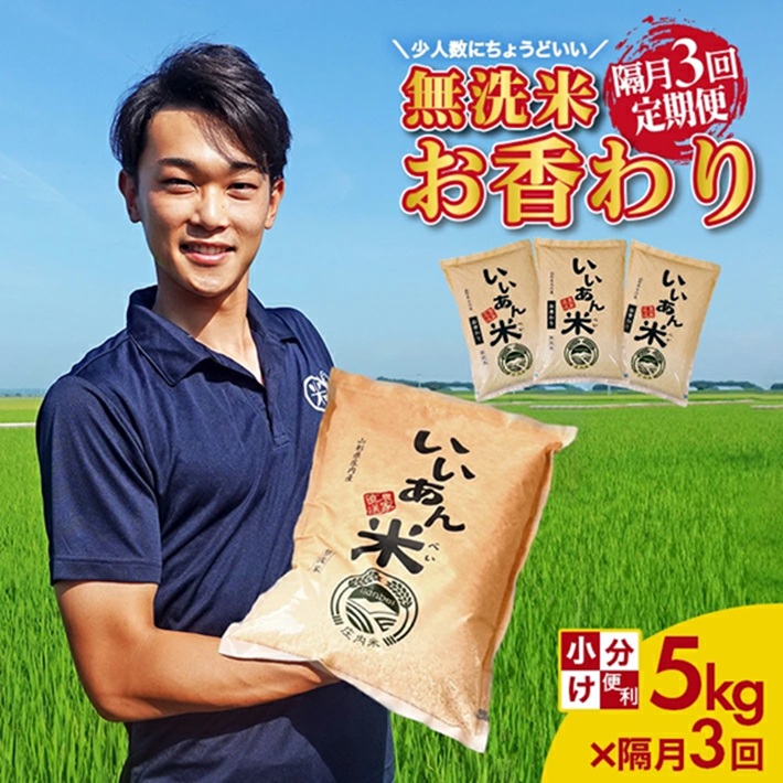 SF0330　【隔月3回定期便】無洗米 お香わり（山形95号）　5kg×3回(計15kg)　農家直送『いいあん米』 AG