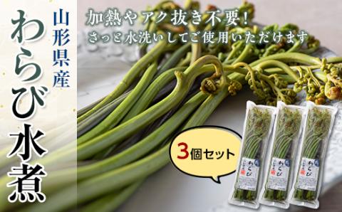 山形県産わらび水煮 3個セット 山菜 無漂白 無着色 わらび 水煮 みそ汁 煮物 おひたし 炊き込みご飯 東北 F3S-1325